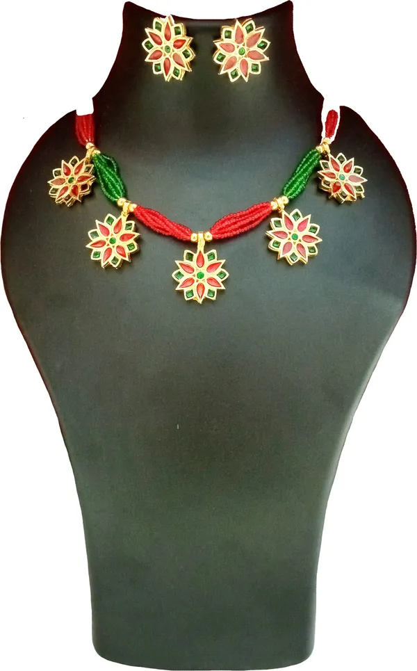 Assamese_Traditional_Gold_Plated_Red_Green_Colour_Golpata_Necklace_Set_For_Women